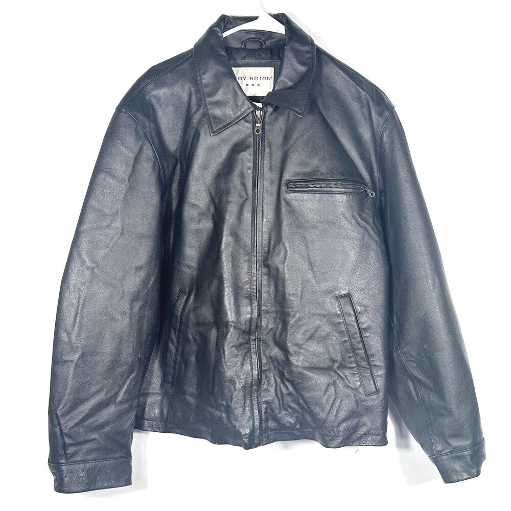 Covington Men's Large Black Genuine Leather Jacket Classic Full Zip Lined